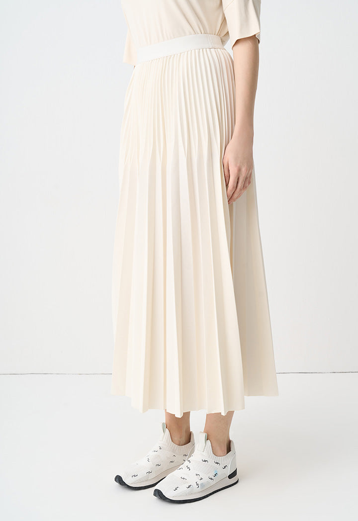 Choice Solid Pleated Elastic Waistband Skirt Beige