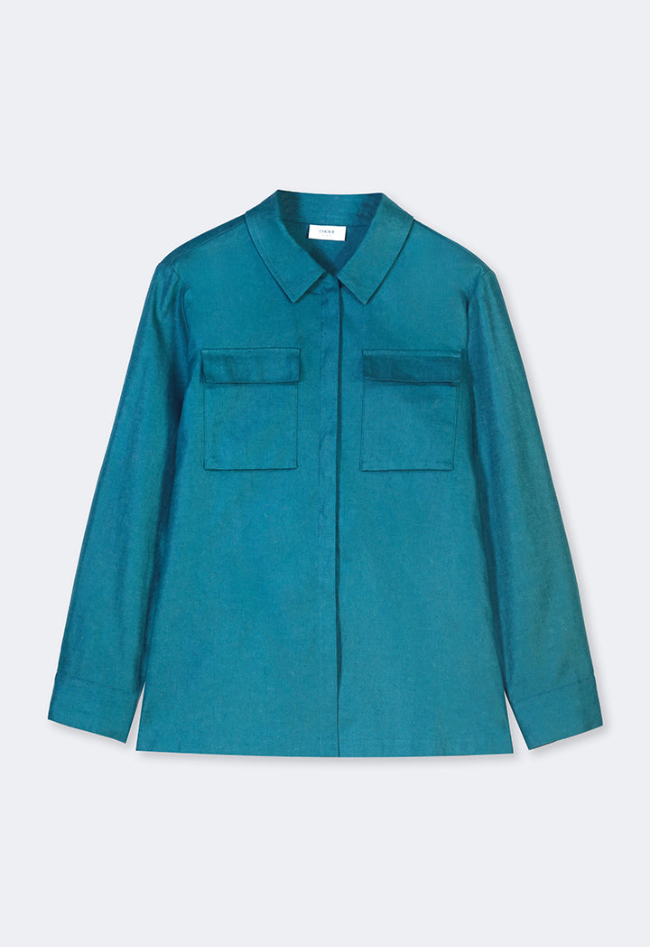 Choice Solid Front Flap Pockets Shirt Teal