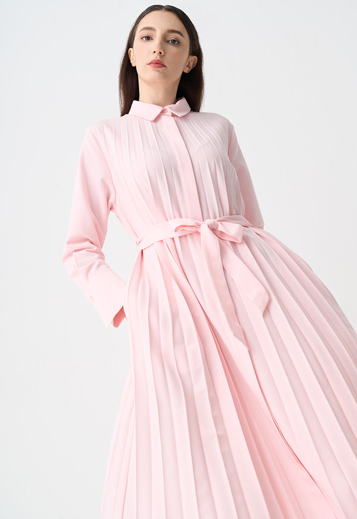 Choice Single Tone Pleated Maxi Shirt Dress Pink