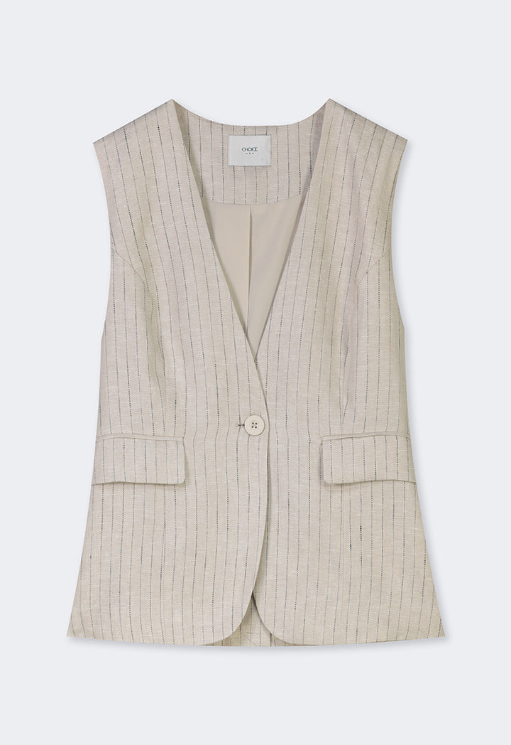 Choice Sleeveless Striped Linen Gilet Beige