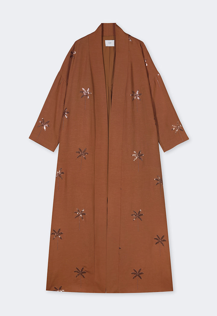 Choice Embroidered Sequin Maxi Abaya   Caramel