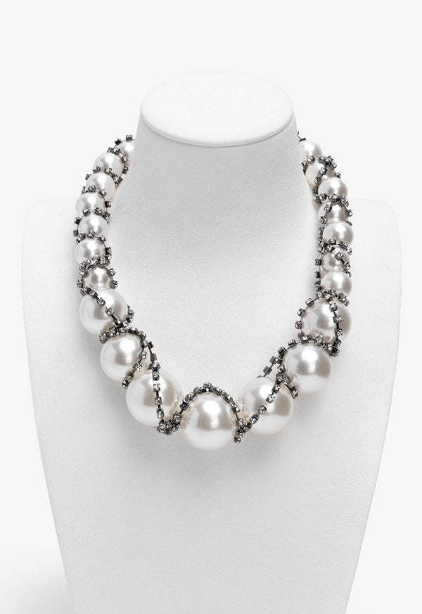 Choice Crystal Wrapped Faux Pearls Necklace Off White