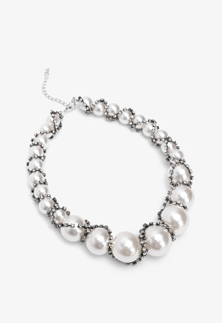 Choice Crystal Wrapped Faux Pearls Necklace Off White