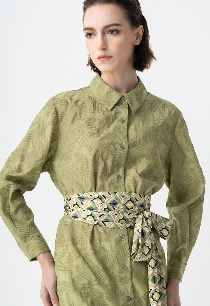 Choice Embroidered Floral Textured Midi Shirt Dress Green