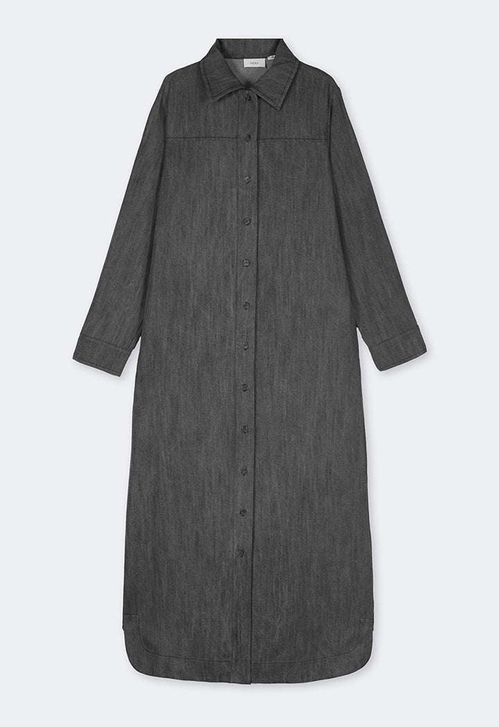 Choice Solid Flared Maxi Denim Dress Grey