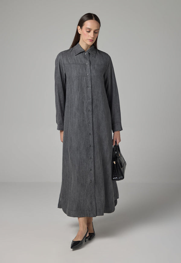 Choice Solid Flared Maxi Denim Dress Grey