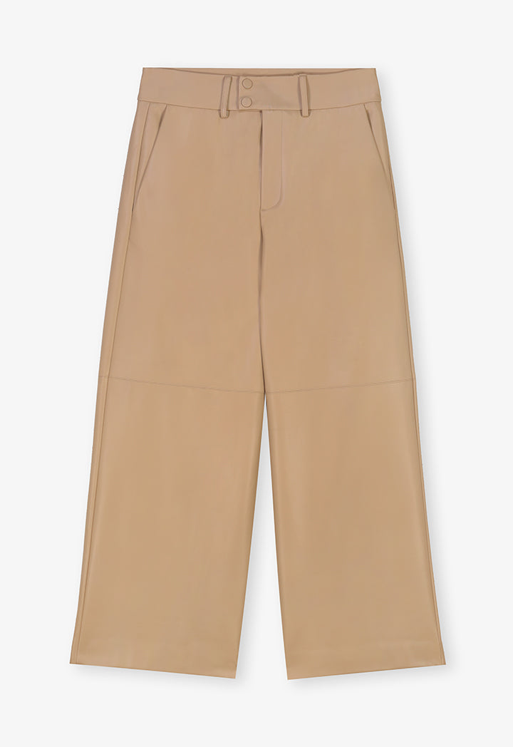 Choice Solid Leather Wide Legs Trousers Beige