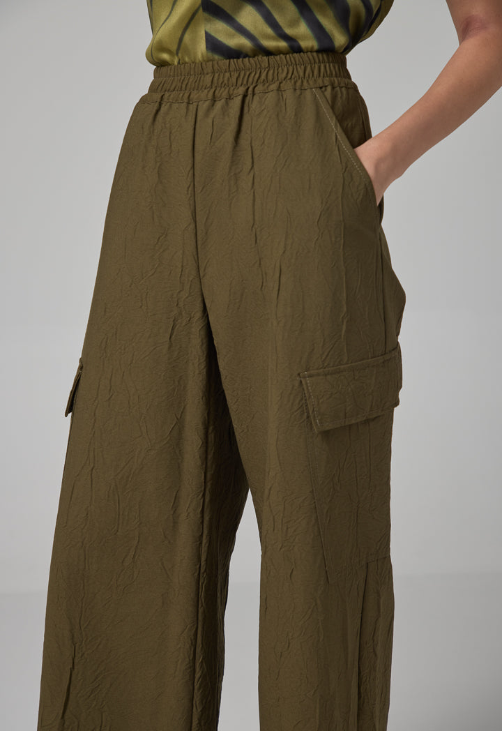 Choice Wide Leg Elasticated Waist Crinkled Trousers Khaki