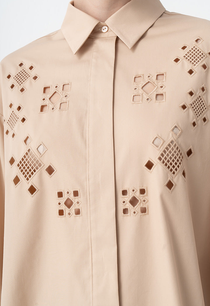 Choice Eyelet Embroidered Belted Shirt Beige