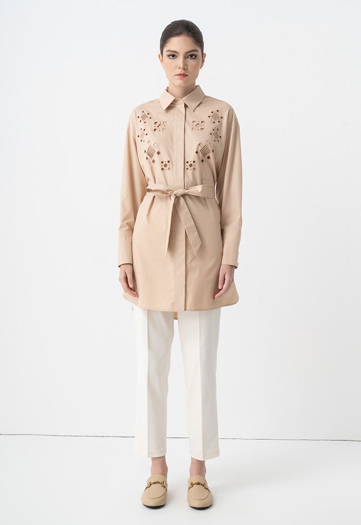 Choice Eyelet Embroidered Belted Shirt Beige