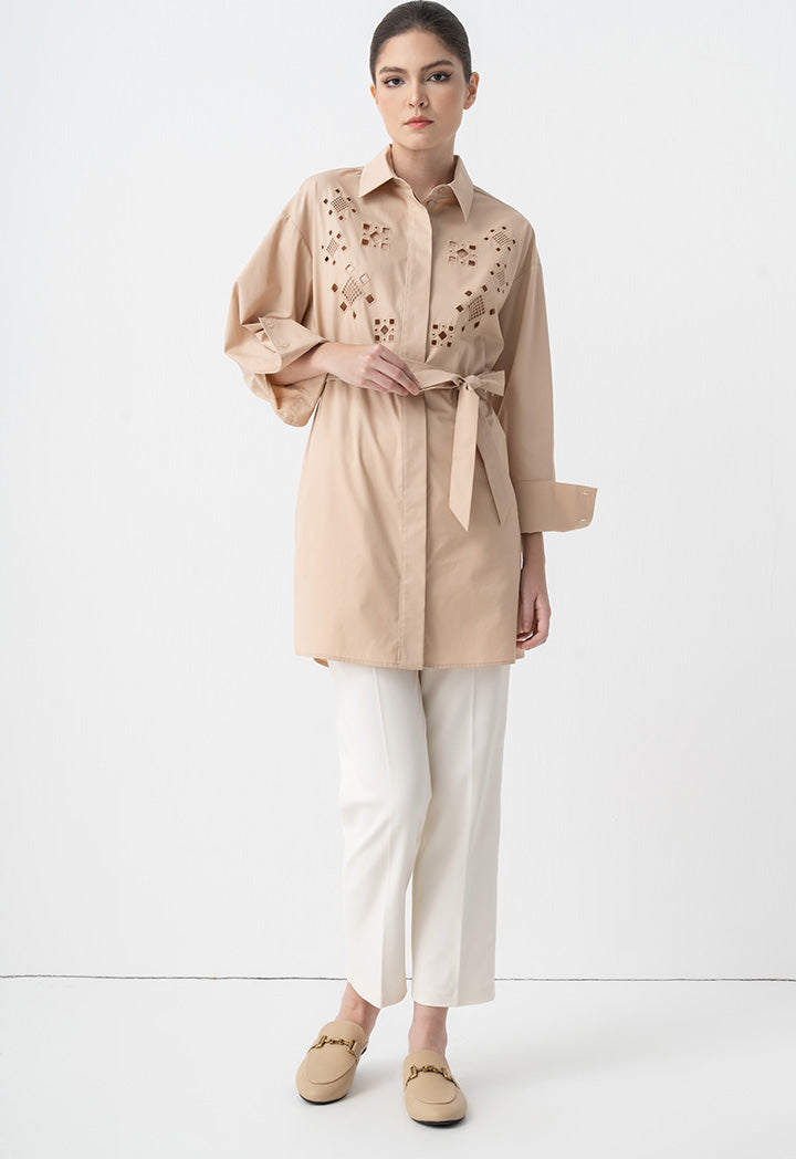 Choice Eyelet Embroidered Belted Shirt Beige