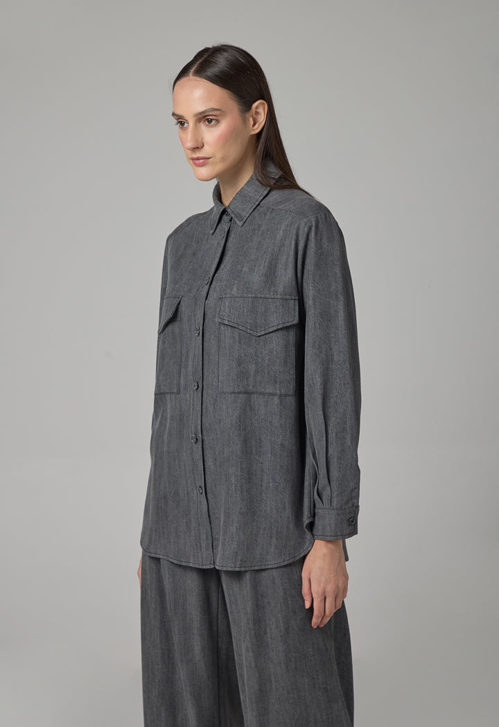 Choice Front Flap Pockets Denim Shirt  Grey