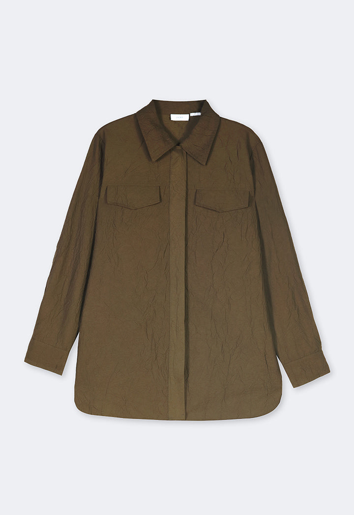 Choice Solid Long Sleeve Crinkled Shirt Khaki