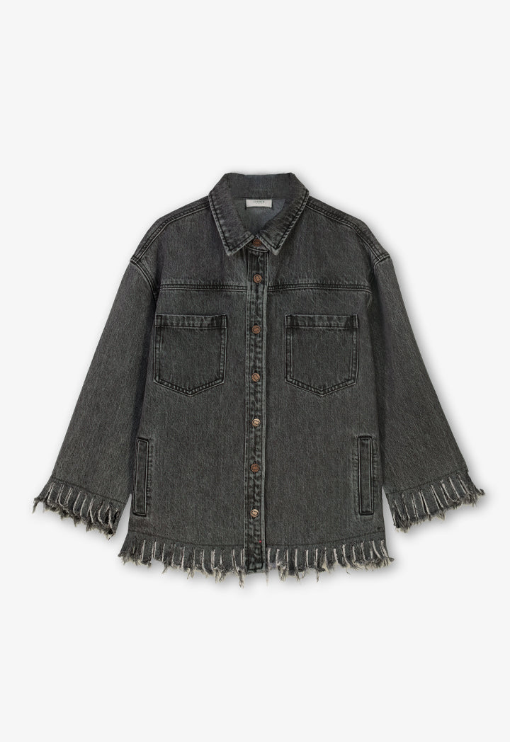 Choice Solid Long Sleeves Fringe Denim Jacket  Black