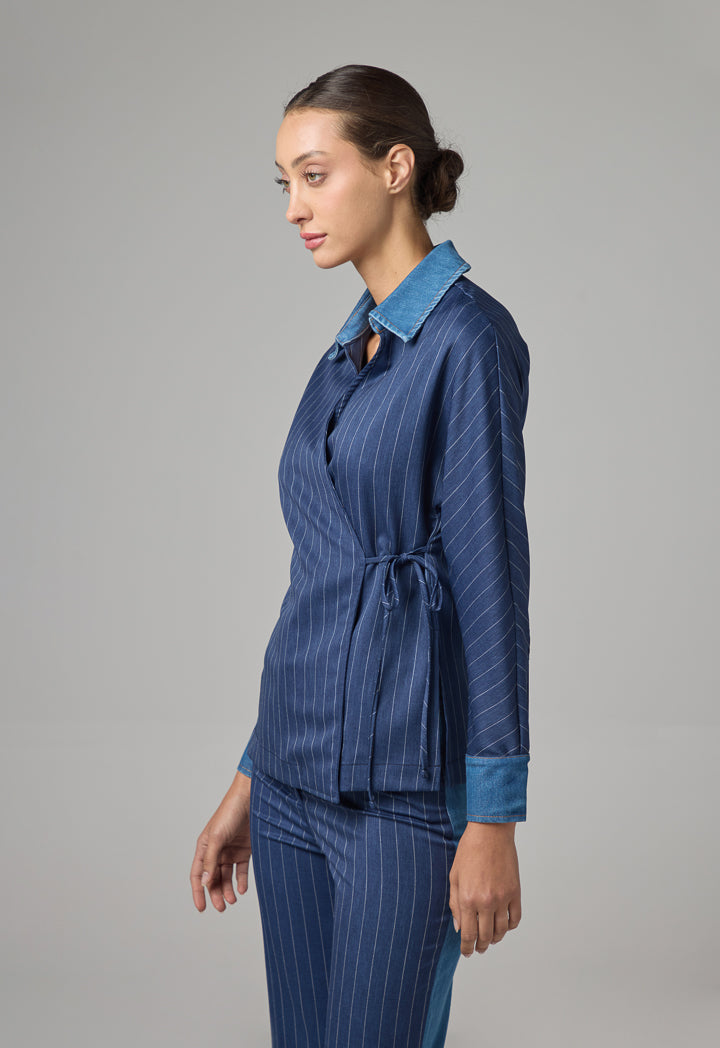 Choice Stripped Wrap Kimono With Denim Yoke Blue