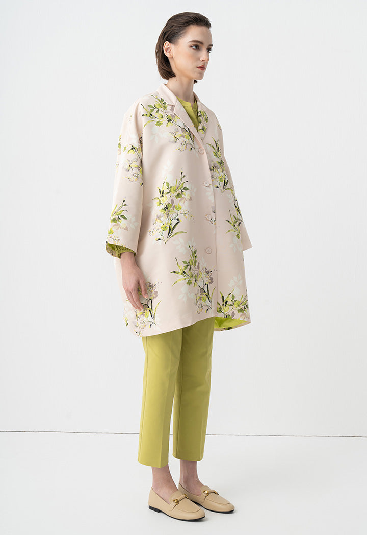 Choice Floral Printed Embellished Crystal Midi Coat Cream