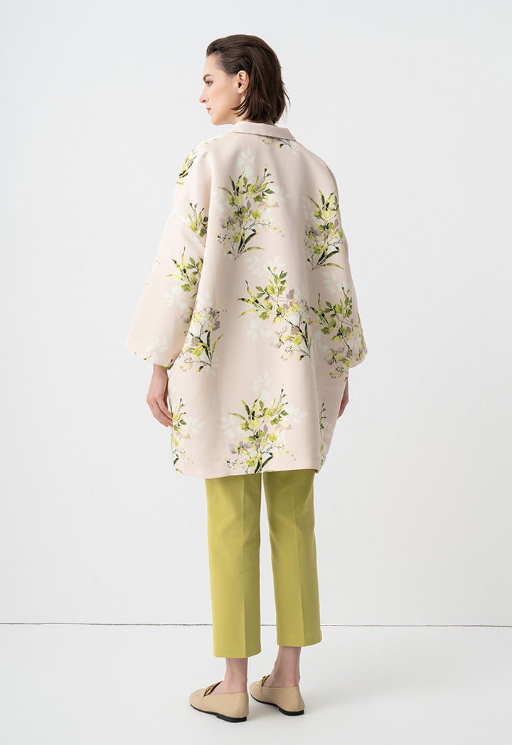 Choice Floral Printed Embellished Crystal Midi Coat Cream