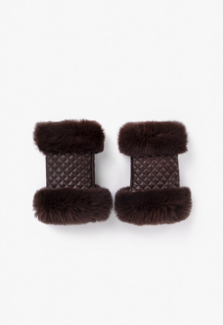 Choice Faux Fur Embellished Fingerless Gloves Brown