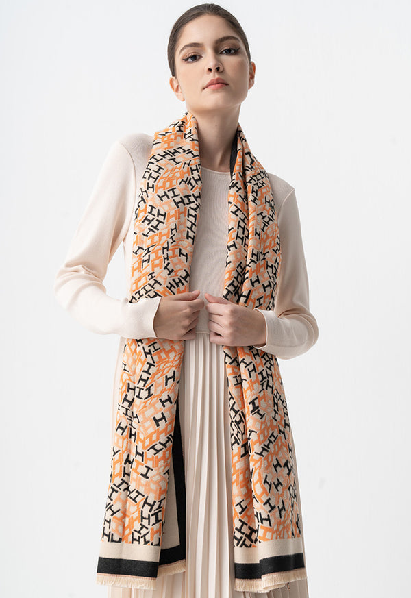 Choice Geometric Pattern Knitted Shawl Orange