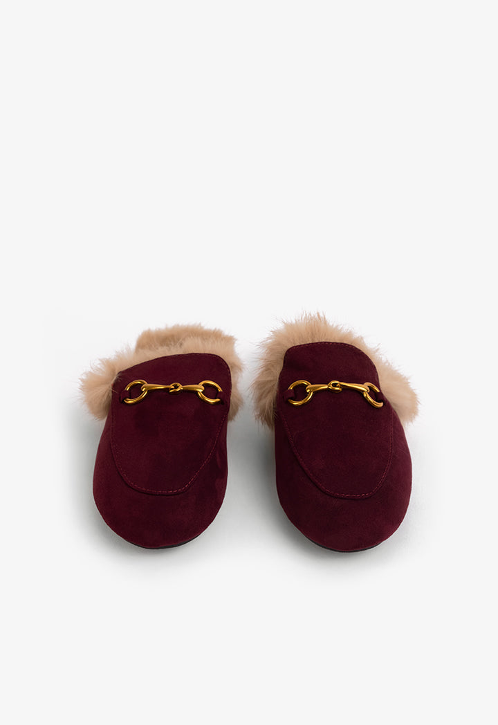 Choice Faux Fur Embellished Mules Burgundy