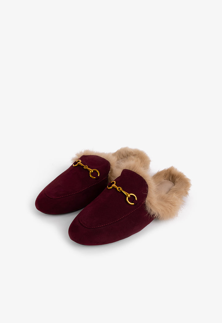 Choice Faux Fur Embellished Mules Burgundy