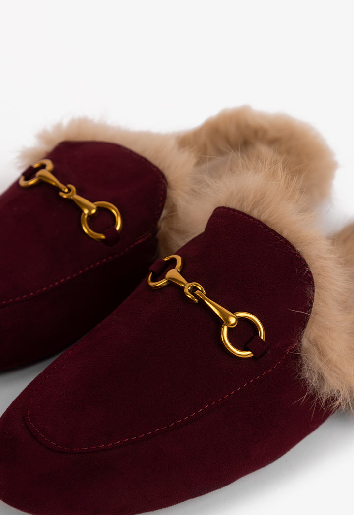 Choice Faux Fur Embellished Mules Burgundy