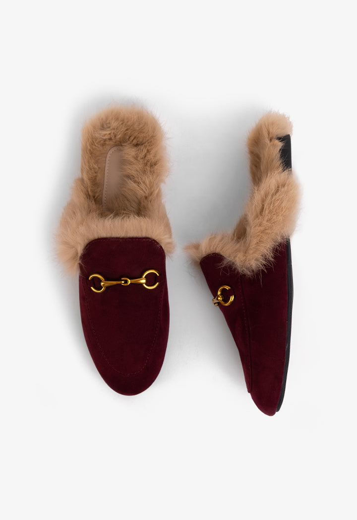 Choice Faux Fur Embellished Mules Burgundy