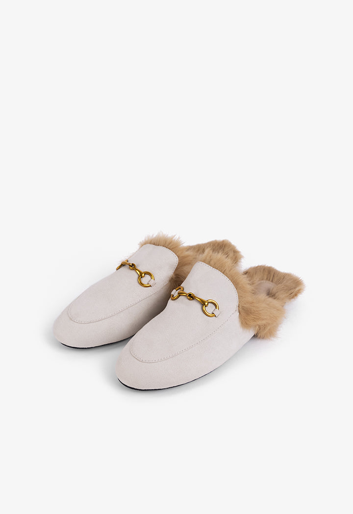 Choice Faux Fur Embellished Mules Light Beige