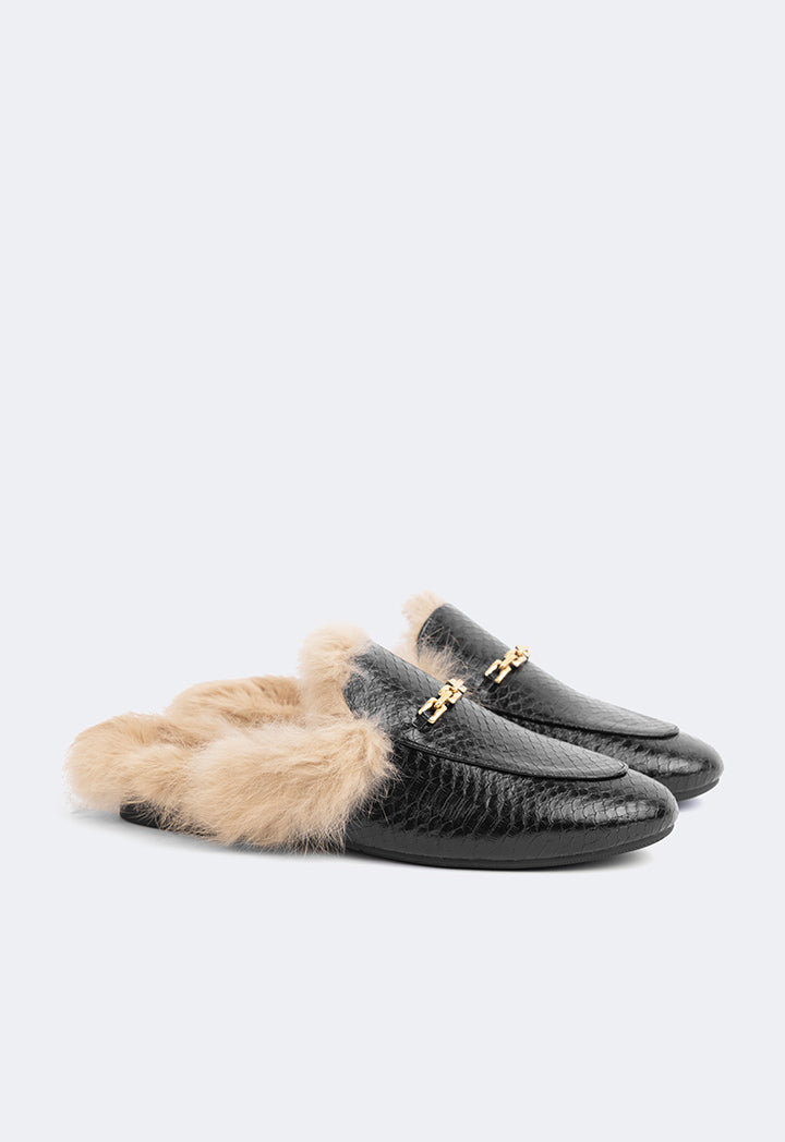 Choice Faux Fur Embellished Sole Mules Black