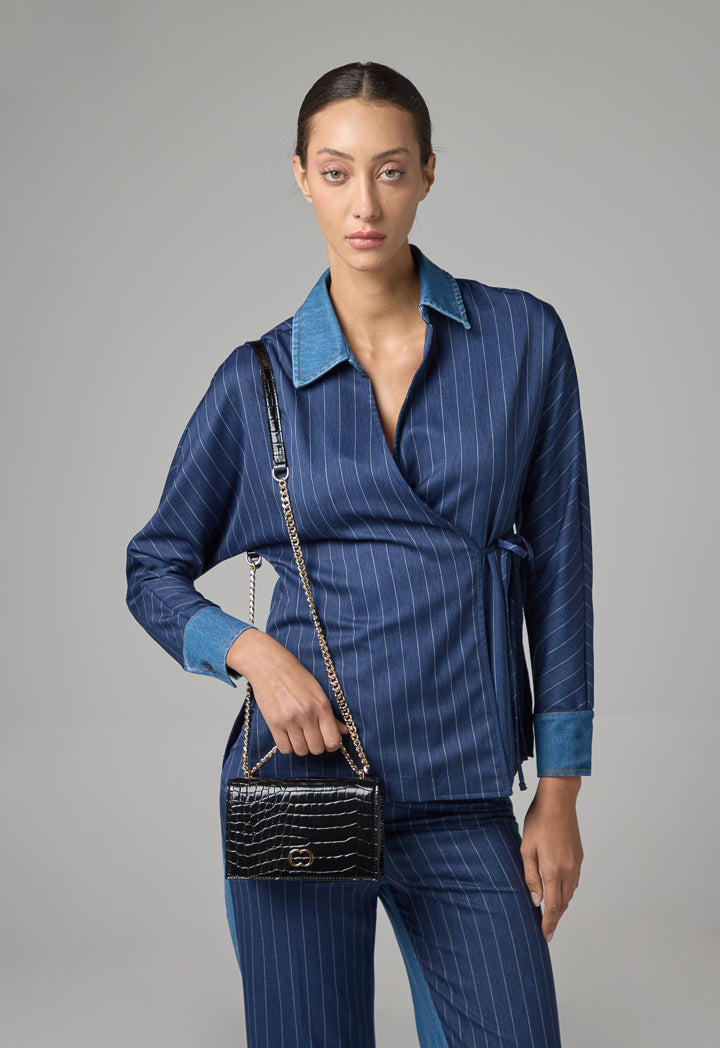 Choice Stripped Wrap Kimono With Denim Yoke Blue