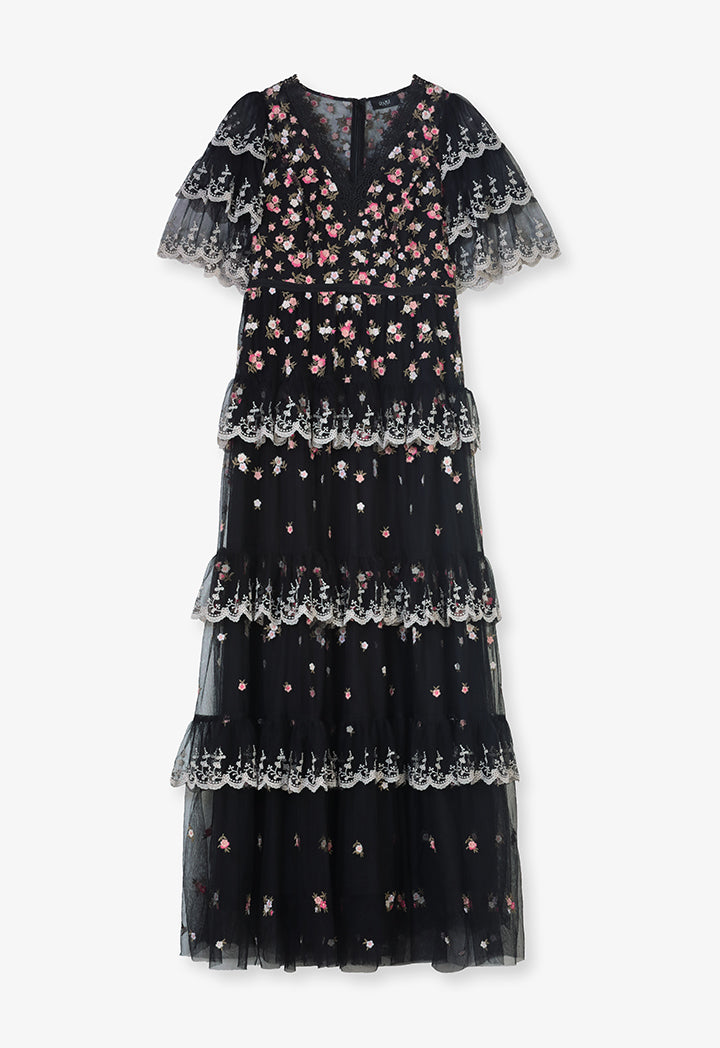 Choice All Over Embroidered Floral Layered Maxi Dress Black