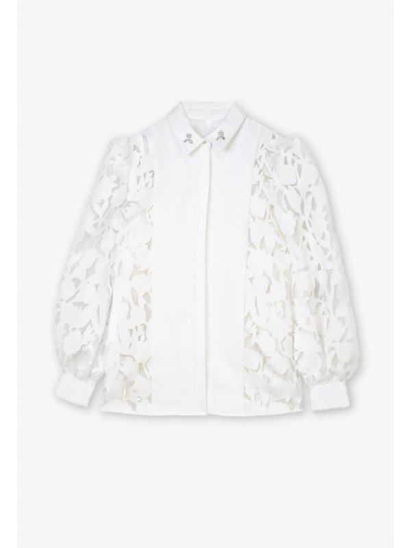 Choice Solid Laser Cut Fabric Organza Shirt Offwhite