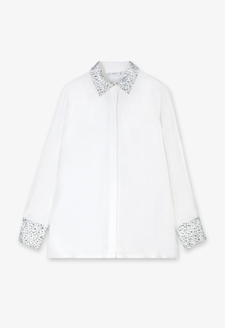 Choice Solid Long Sleeve Crystal Embellished Shirt Off White