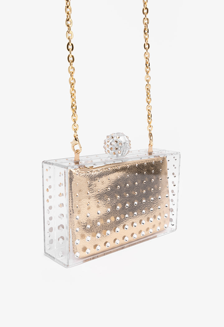 Choice Transparent Crystal Embellished Clutch Gold