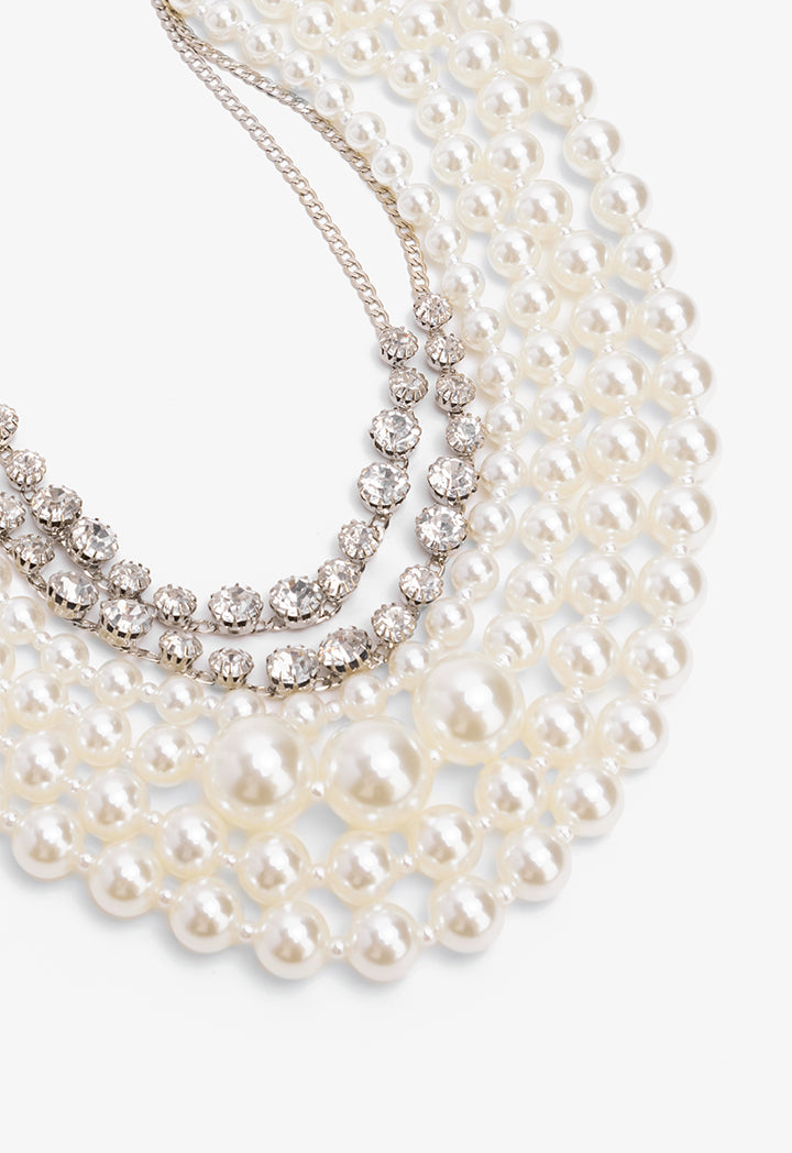 Choice Chunky Crystal Embellished Faux Pearls Necklace Off White