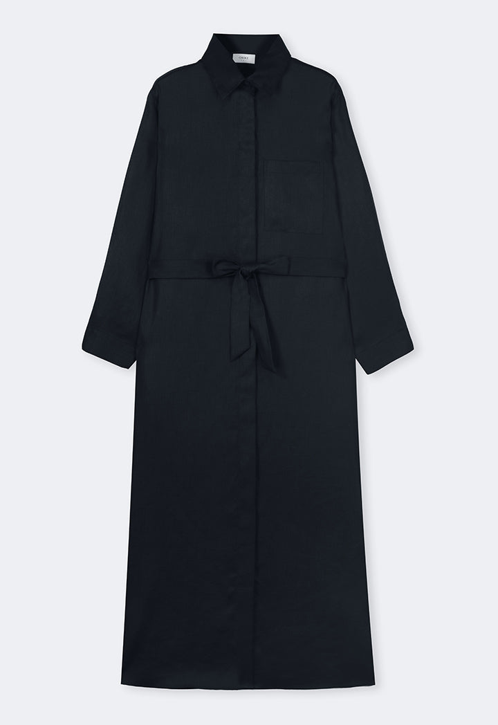 Choice Solid Front Pocket Belted Shirt Dress Black