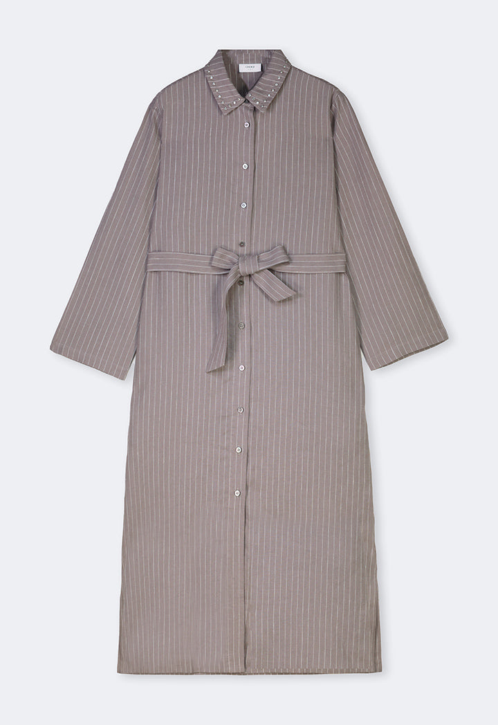 Choice Striped Belted Shirt Dress Grey