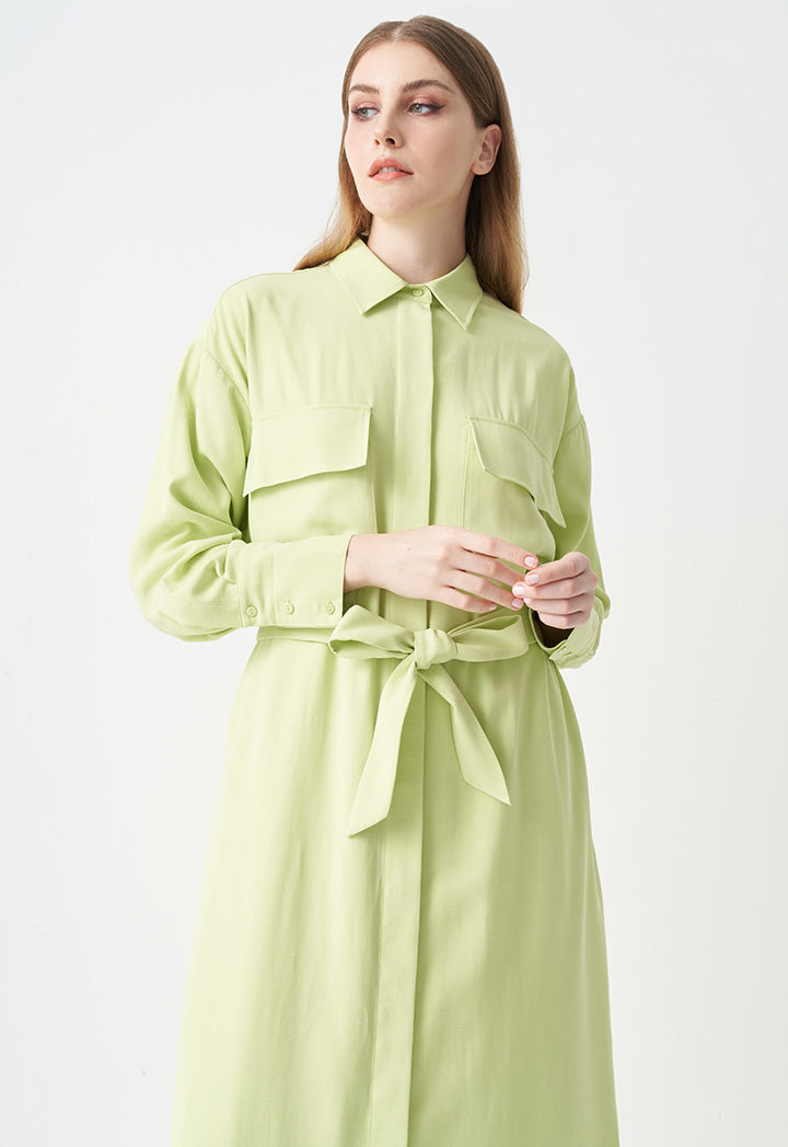 Choice Single Tone Belted Maxi Shirt Dress  Lime