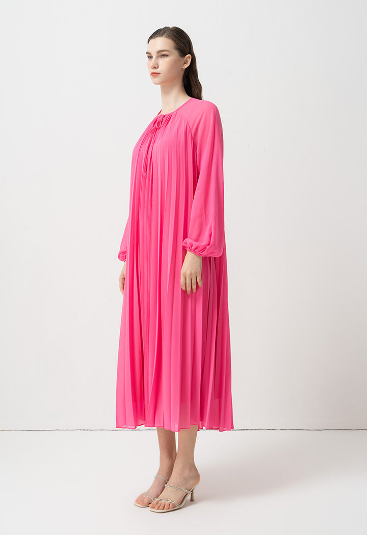 Choice Single Tone Raglan Sleeves Pleated Dress Fuchsia