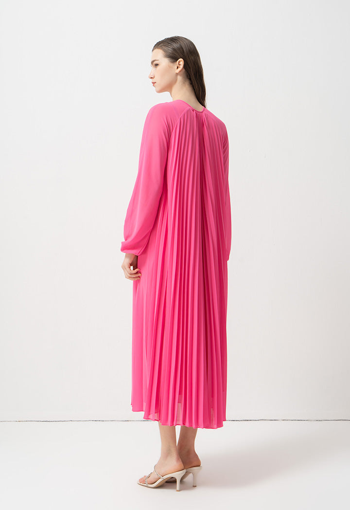 Choice Single Tone Raglan Sleeves Pleated Dress Fuchsia