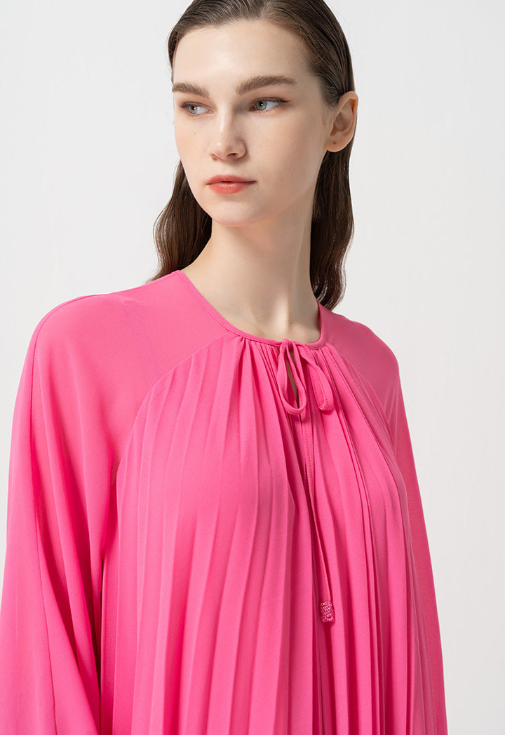 Choice Single Tone Raglan Sleeves Pleated Dress Fuchsia