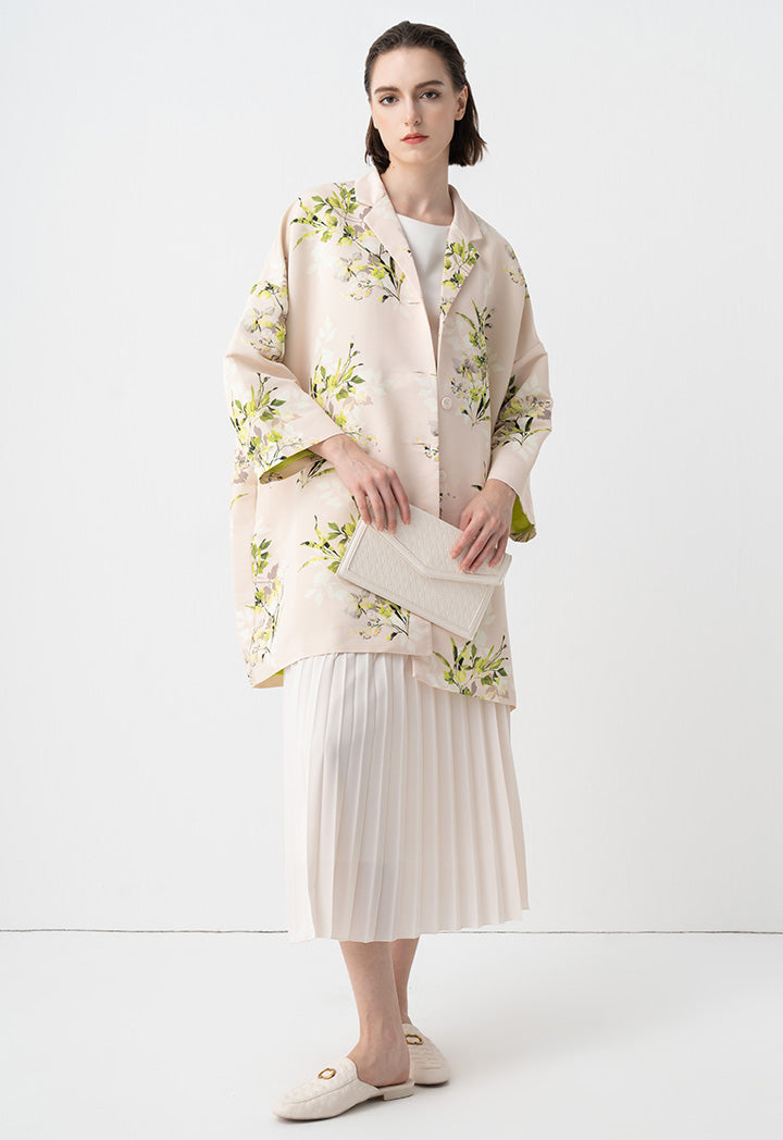 Choice Floral Printed Embellished Crystal Midi Coat Cream