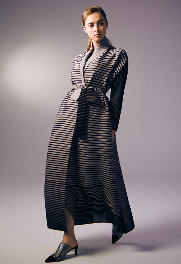 Choice Contrast Pleated Belted Maxi Jacket Stripe