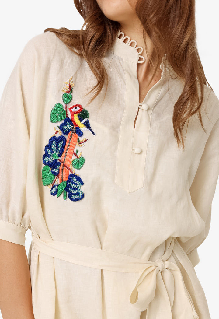 Machka Embroidered Detail Linen Dress Ecru