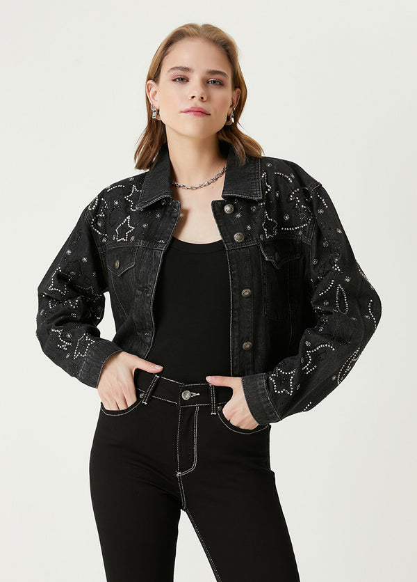 Beymen Club Hotfix Trim Crop Jean Jacket Black