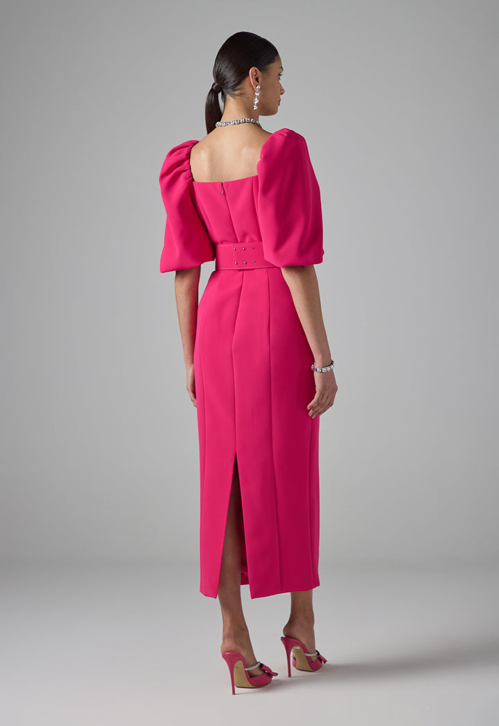 Choice Single Tone Puff Sleeves Belted Dress Fuchsia