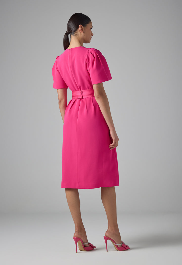 Choice Solid Puff Sleeves Crystal Dress Fuchsia