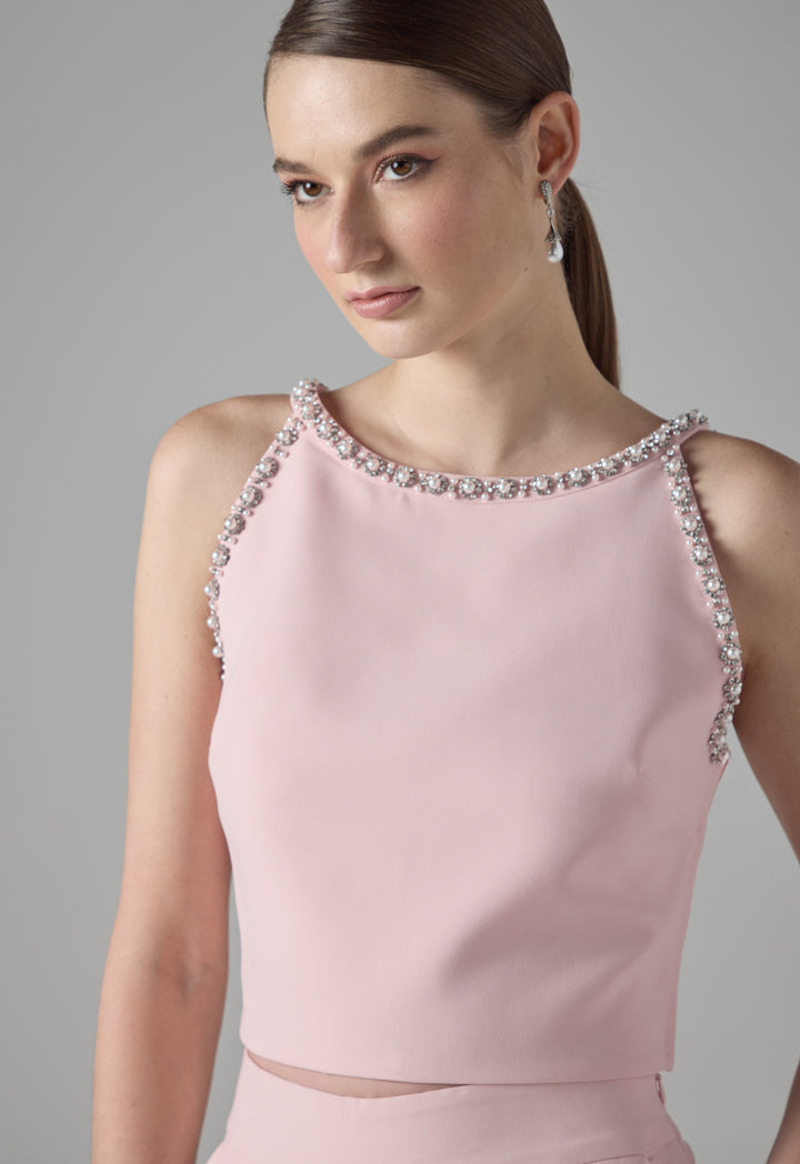 Choice Crystal Faux Pearl Embellished Sleeveless Cropped Top Pink