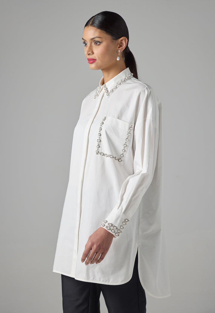 Choice Solid Long Sleeve Crystal Embellished Shirt Off White