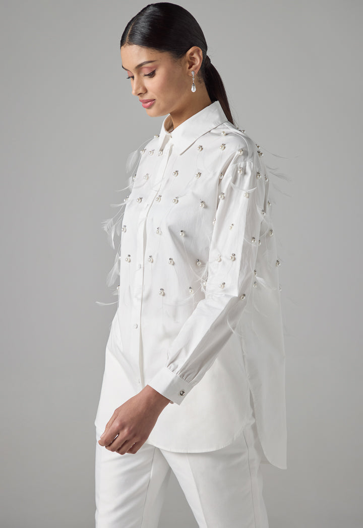 Choice Long Sleeve Crystal Embellished Feather Shirt  Off White